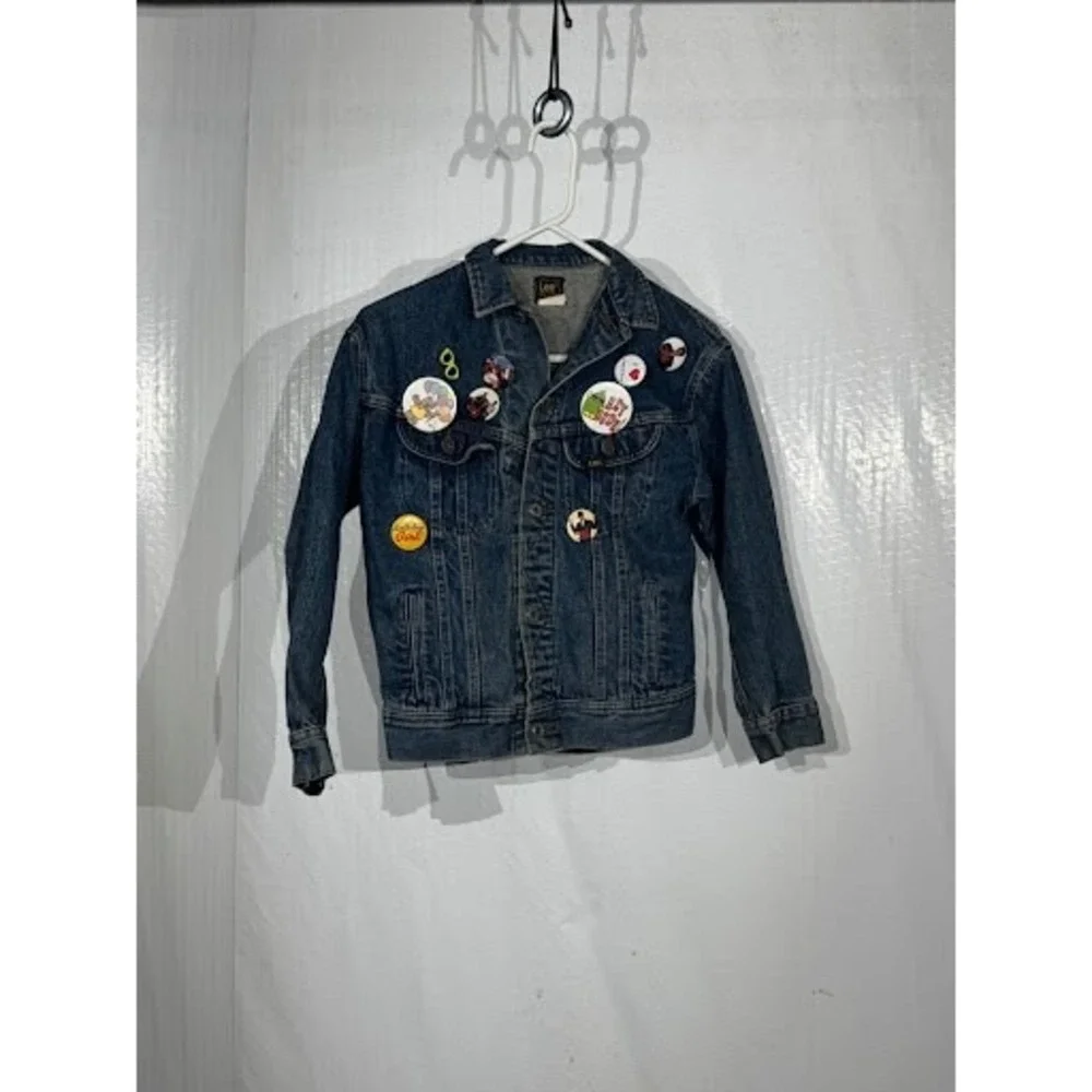 Vintage 80s Lee Kids Denim Jacket Medium Blue Jean Coat with NKOTB Pins M